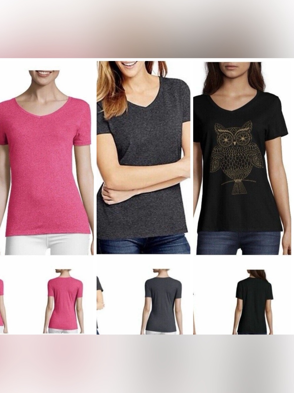 Hanes V Neck T Shirt Small Lot of 3 Gray Pink Black Gold Owl Print Short Sleeve